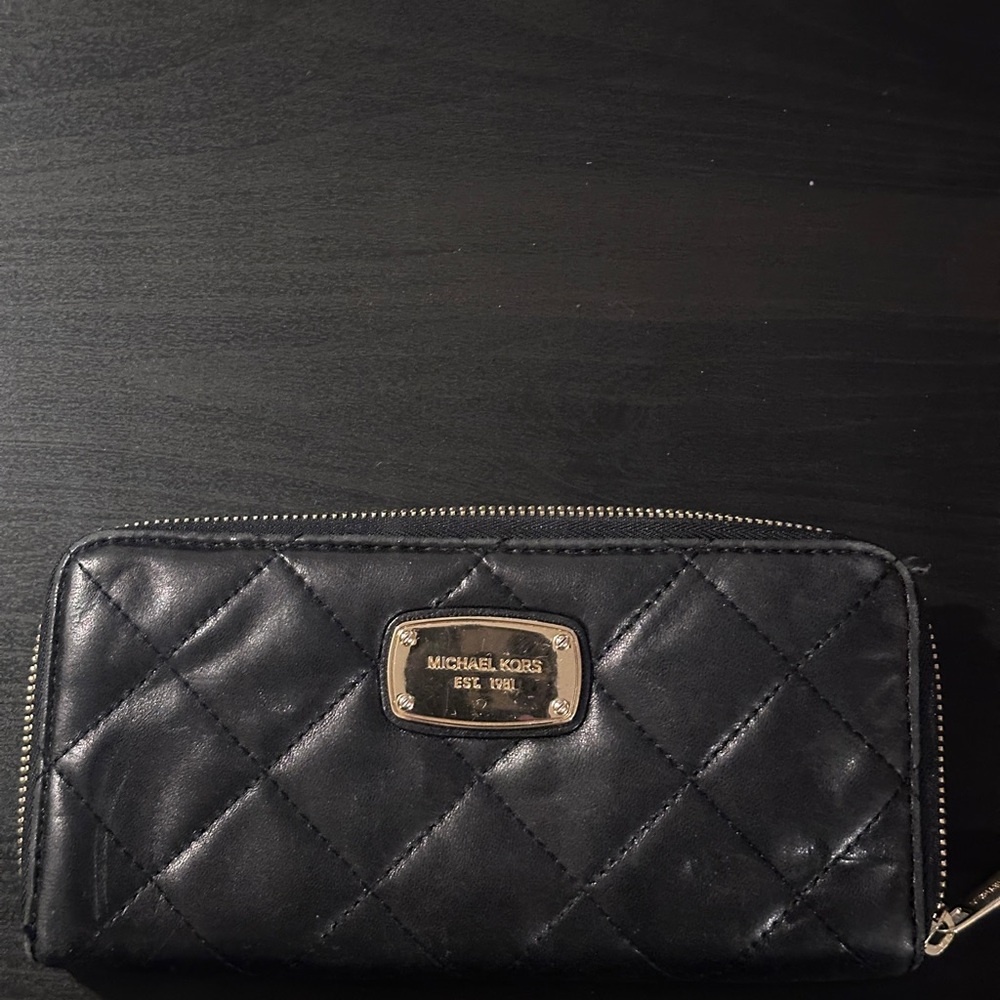 Michael Kors Black Quilted Leather Zip Wallet with Gold Plaque